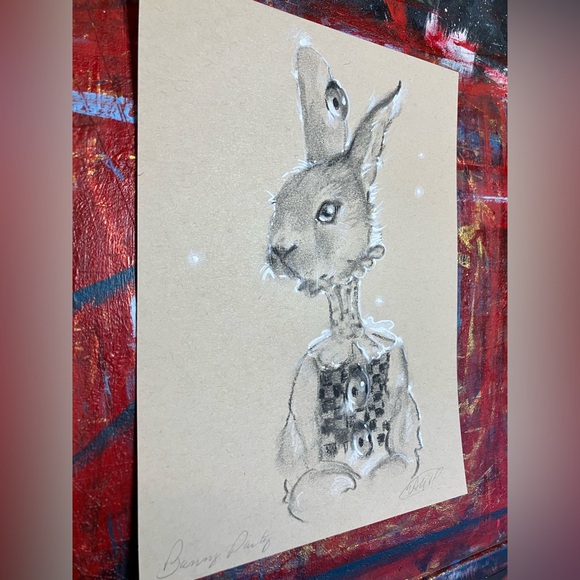 Original Bunny Rabbit painting Whimsical surreal art Character Charcoal Pastel - Picture 2 of 8